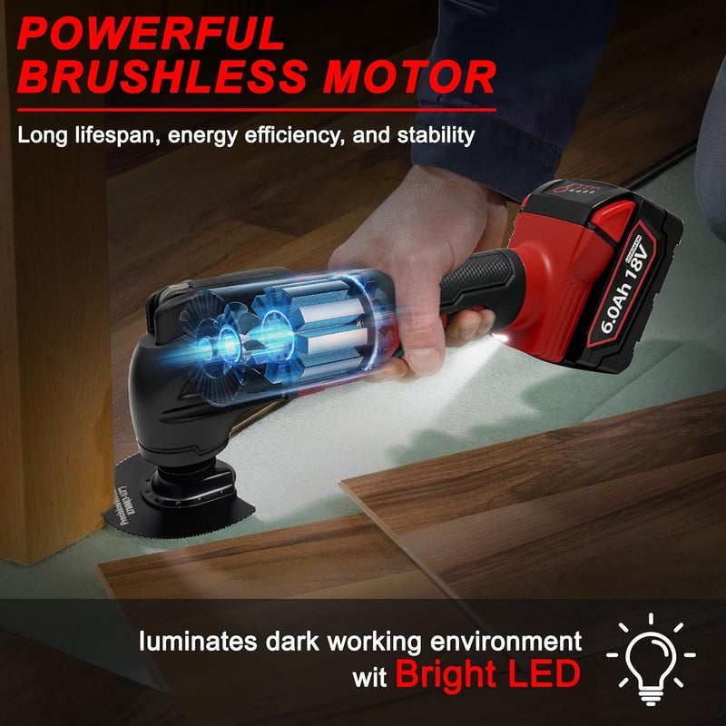 byczone Cordless Oscillating Multitool Compatible with Milwaukee 18V Battery, Tool Only, 6 Speeds 8,500-21,000 RPM, Bulit-in LED Light, 22 Accessories, Oscillating Power Tool for Scraping Cutting Sanding - Image 3